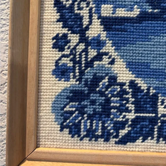 Vintage Blue Cross-Stitch Scenic Winter Art in Wooden Frame - Picture 5 of 16